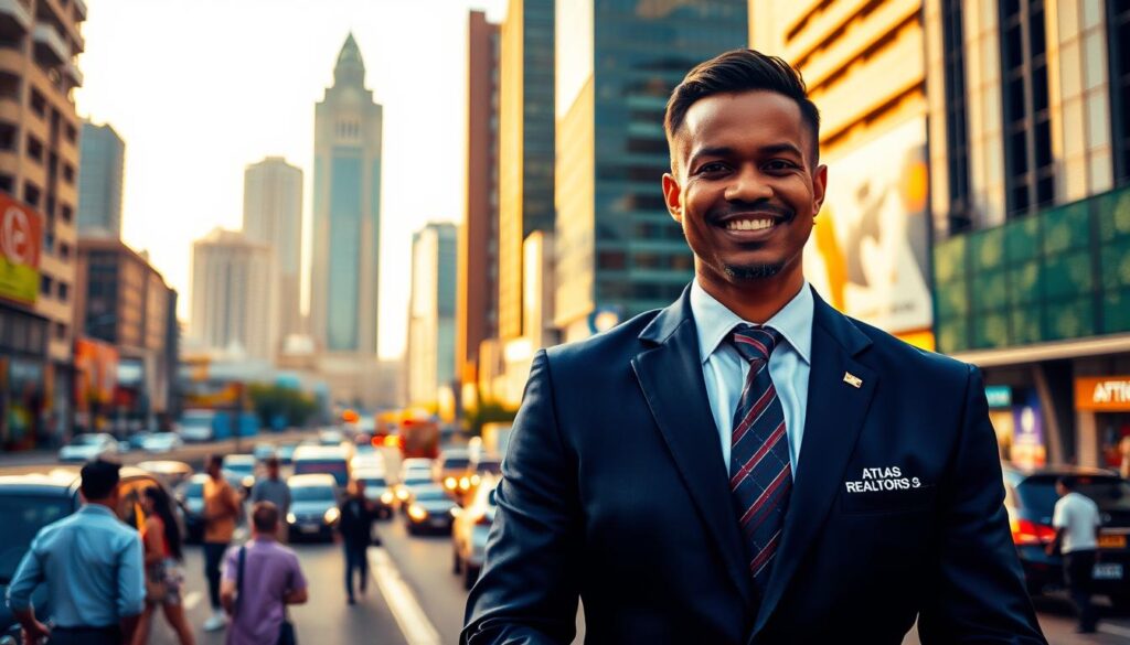 A well-dressed realtor standing confidently in the bustling cityscape of Lagos, Nigeria. In the foreground, a sharply tailored suit and a warm, welcoming expression convey professionalism and expertise. The middle ground features the iconic skyscrapers and vibrant architecture of the city, bathed in warm, golden-hour lighting. In the background, a sense of energy and dynamism, with the movement of pedestrians and vehicles creating a lively urban atmosphere. The realtor's nametag clearly displays the brand "ATLAS REALTORS", reflecting their reputation for excellence in the Lagos real estate market.