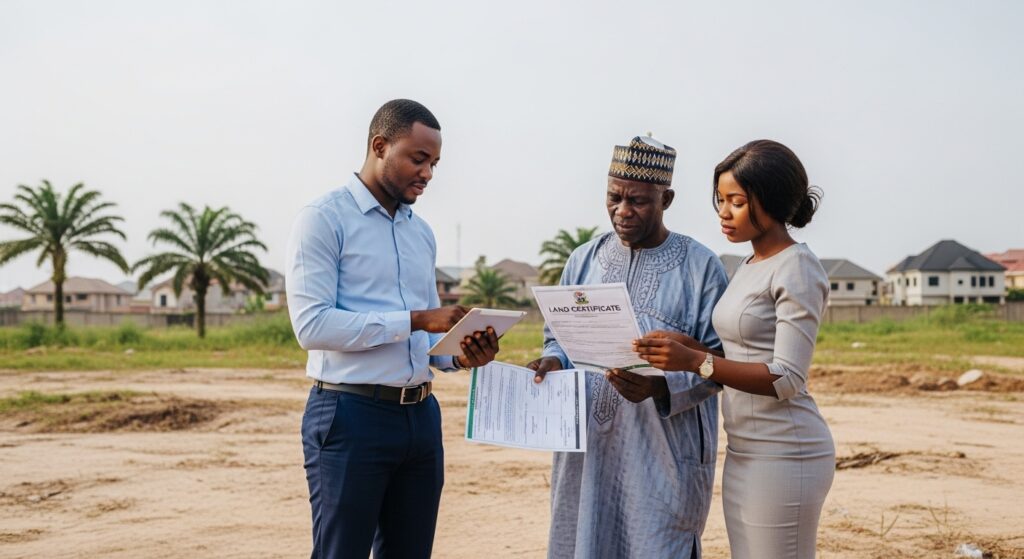 Picture of a Lagos Real Estate Realtor showing a picture of land to a nigeria diaspora man made by ATLAS Realtors