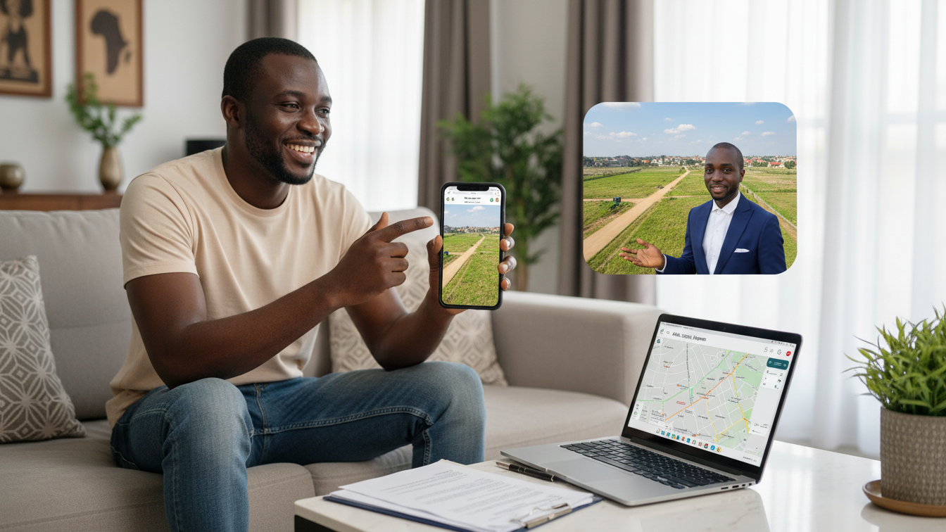 How to buy a land in nigeria from abroad showing a picture of a nigeria diaspora man happy with a professional Lagos real estate realtor