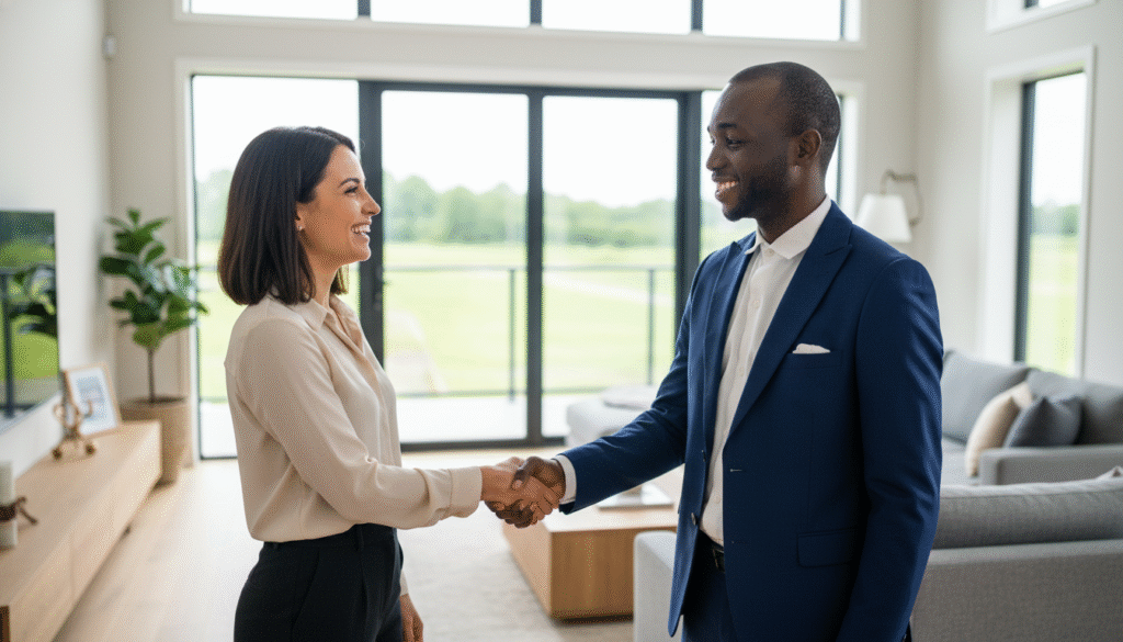 How to buy a land in nigeria from abroad showing a picture of a realtor shakinga diaspora client in lagos