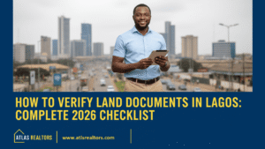 verify land documents in lagos showing a picture of a chart and a man holding a tablet revealed by atlas realtors