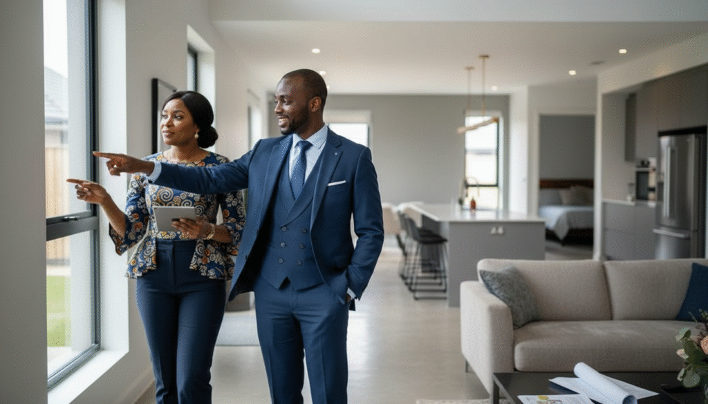 REAL ESTATE CONSULTANT IN LAGOS picture of gbenga adeyeye- a real estate consultant in lagos showing a woman a property