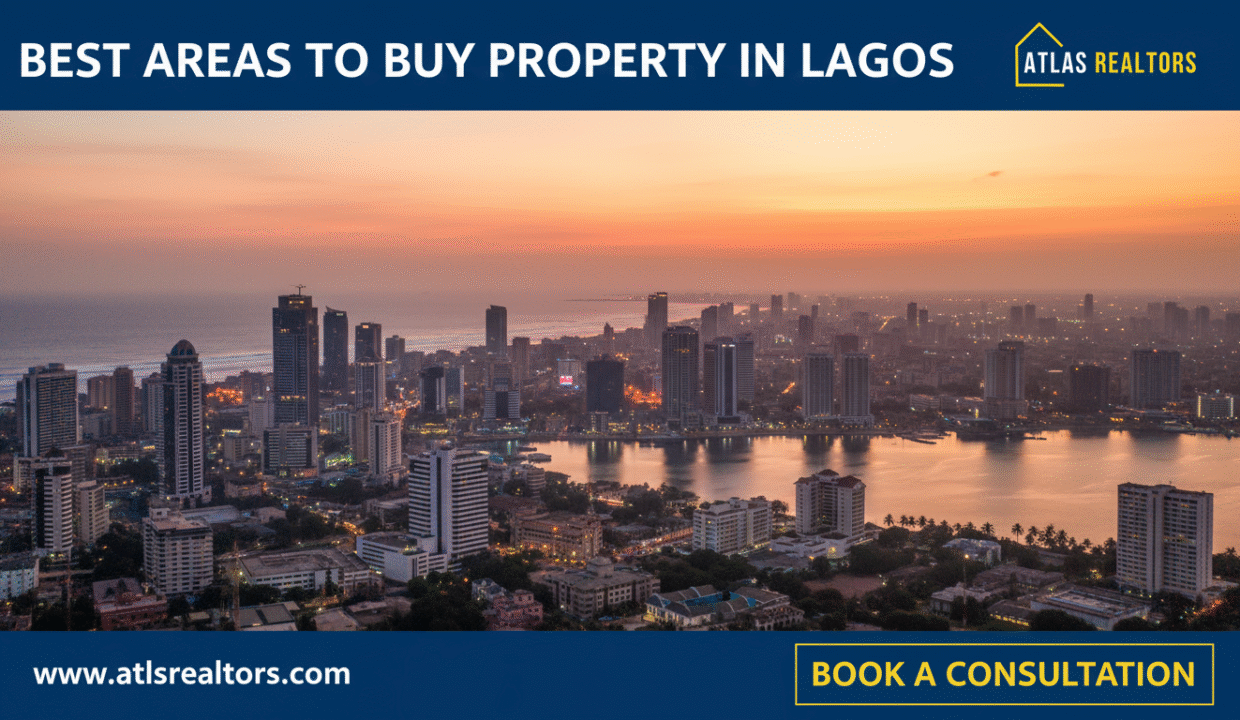 best areas to buy property in lagos showing a picture of a lagos skyline revealed by ATLAS Realtors