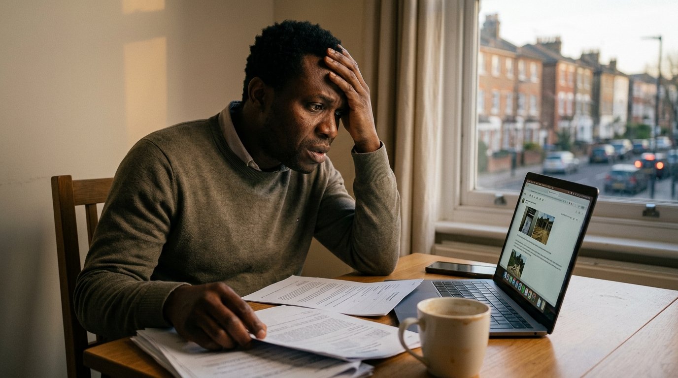 buy property in nigeria from Australia showing a picture of a man worried and his laptop