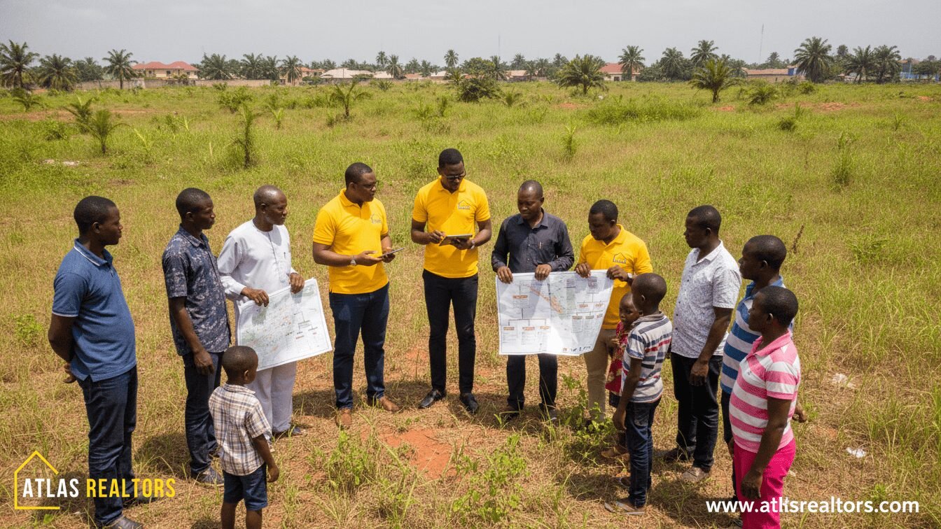 buy land in ajah showing a picture of group of people in a plot of land in ajah pictured by atlas realtors