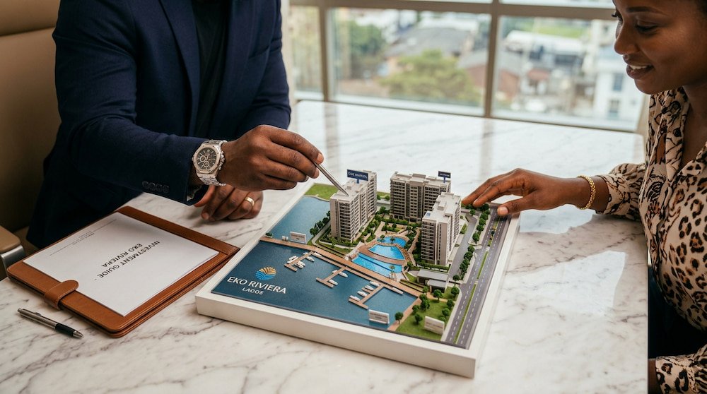 real estate consultation in lagos showing a picture two people viewing a property chart