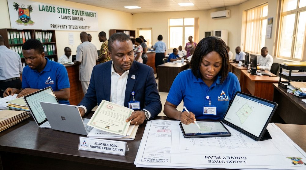 property verification in lagos showing a picture of a man with atlas realtors team verifying a property at the Lagos State Land Registry