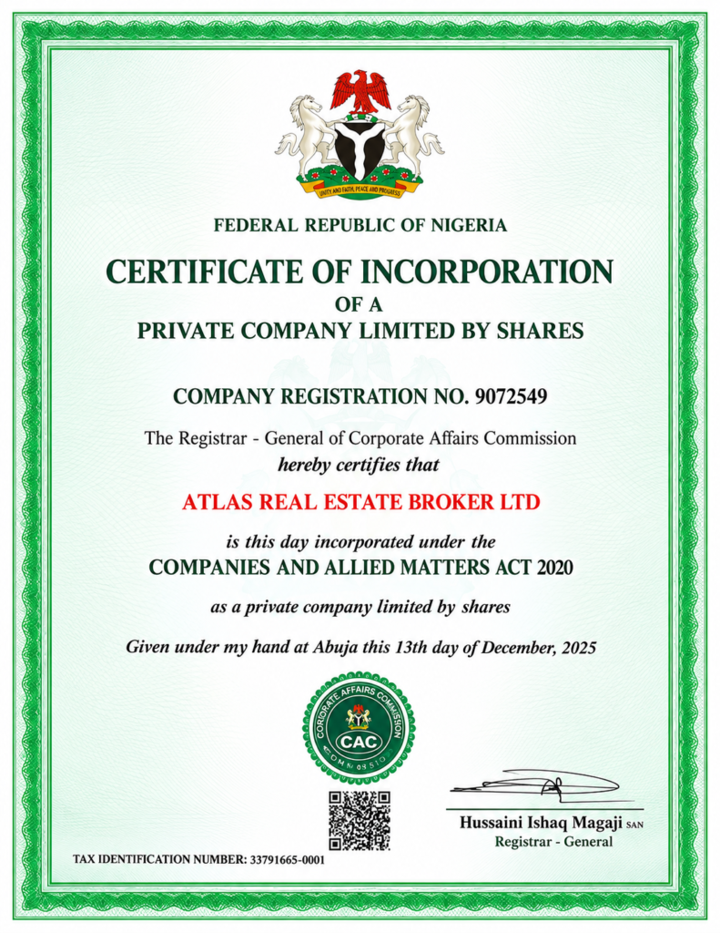 where to book a real estate consultation in lagos showing ATLAS REAL ESTATE BROKER LTD on the CAC public company search pictured by ATLAS Realtors