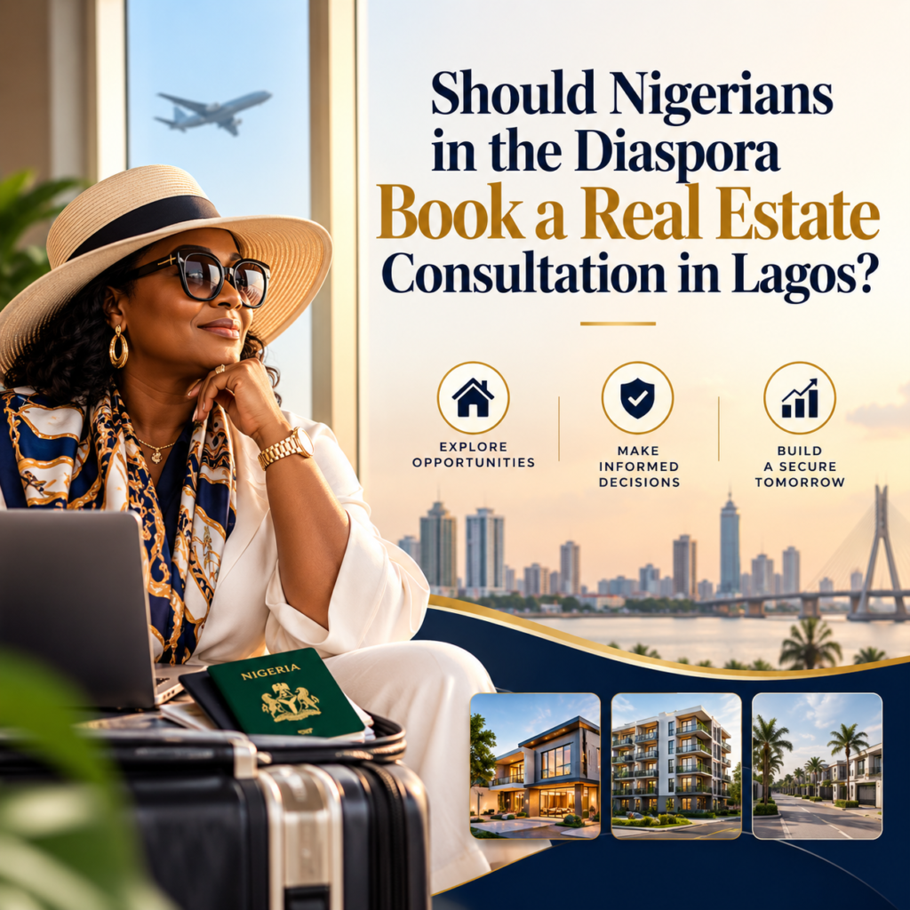 real estate consultation in lagos showing a picture of a nigeria diaspora woman in a glass with a text "should nigerians in the diaspora book a real estate consultation in lagos" pictured by atlas realtors